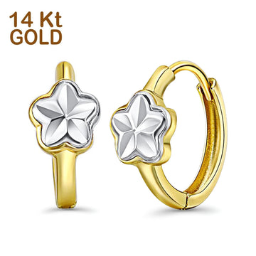 14K Two Tone Gold 5mm Thickness Flower Hoop Huggie Earrings (12mm Diameter)